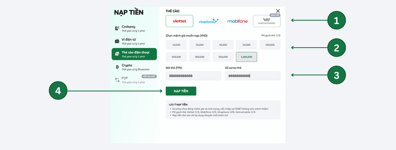 Nạp tiền FEBET qua thẻ cào điện thoại